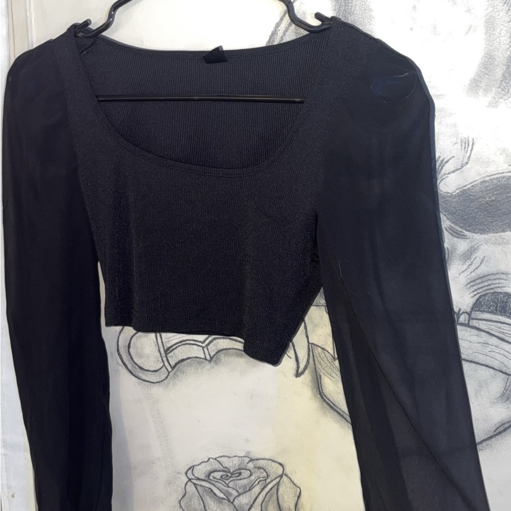SHEIN Black Sheer Sleeve Crop Top